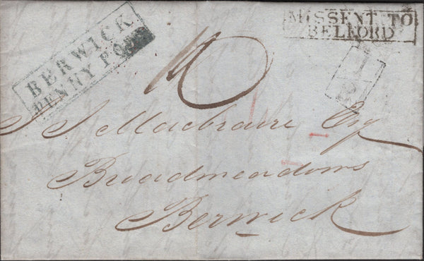 140271 1839 MAIL GREENOCK TO BERWICK MISSENT TO BELFORD WITH 'BERWICK/PENNY POST' HANDSTAMP (NR206) AND BOXED 'MISSENT TO/BELFORD' HANDSTAMP (NR102).