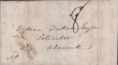 140272 1839 MAIL STAMFORDHAM TO ALNWICK WITH 'Newcastle/Penny Post' HANDSTAMP (NR564).