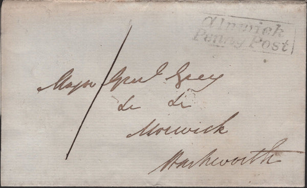 140274 1839 MAIL ALNWICK TO WARKWORTH, NORTHUMBERLAND WITH BOXED 'Alnwick/Penny Post' HANDSTAMP (NR49).