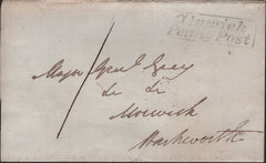 140274 1839 MAIL ALNWICK TO WARKWORTH, NORTHUMBERLAND WITH BOXED 'Alnwick/Penny Post' HANDSTAMP (NR49).
