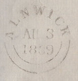 140274 1839 MAIL ALNWICK TO WARKWORTH, NORTHUMBERLAND WITH BOXED 'Alnwick/Penny Post' HANDSTAMP (NR49).