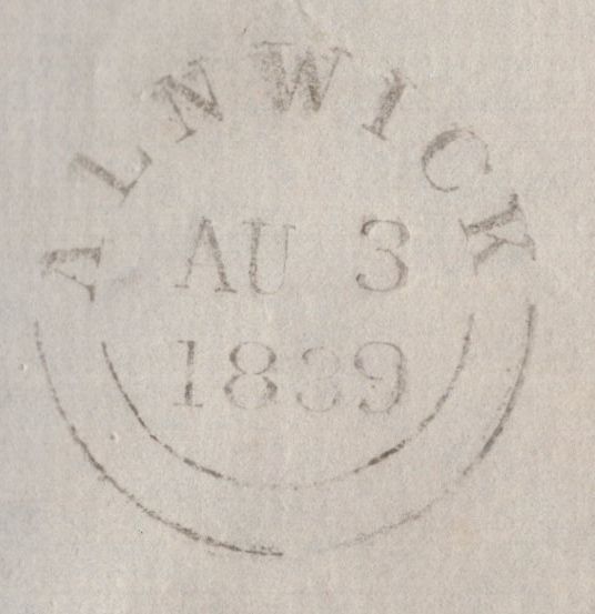 140274 1839 MAIL ALNWICK TO WARKWORTH, NORTHUMBERLAND WITH BOXED 'Alnwick/Penny Post' HANDSTAMP (NR49).
