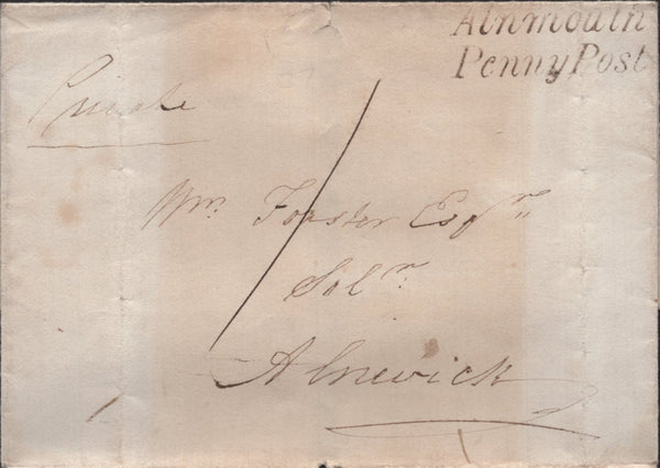 140278 1839 MAIL ALNMOUTH, NORTHUMBERLAND TO ALNWICK WITH 'Alnmouth/Penny Post' HANDSTAMP (NR5).