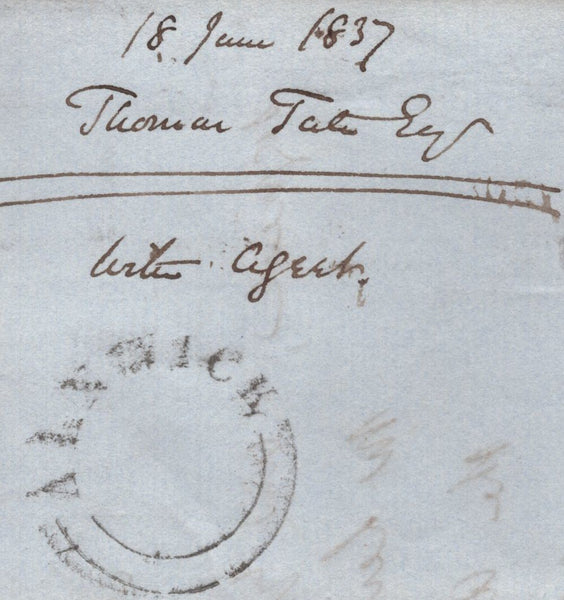 140282 1837 LETTER BILTON HOUSE, NORTHUMBERLAND TO ALNWICK WITH RARE MANUSCRIPT 'Alnwick Penny Post'.