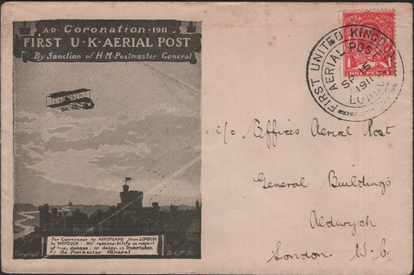 140741 1911 FIRST U.K. AERIAL POST LONDON EMERGENCY ENVELOPE ADDRESSED TO THE OFFICES OF THE AERIAL POST, ALDWYCH IN LONDON.