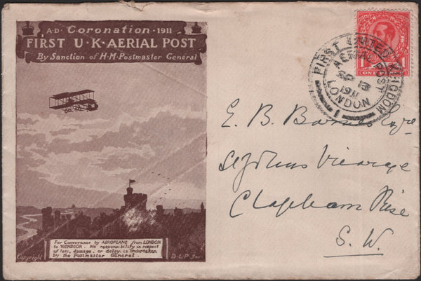 140743 1911 FIRST U.K. AERIAL POST, LONDON EMERGENCY ENVELOPE IN BROWN USED TO CLAPHAM RISE.
