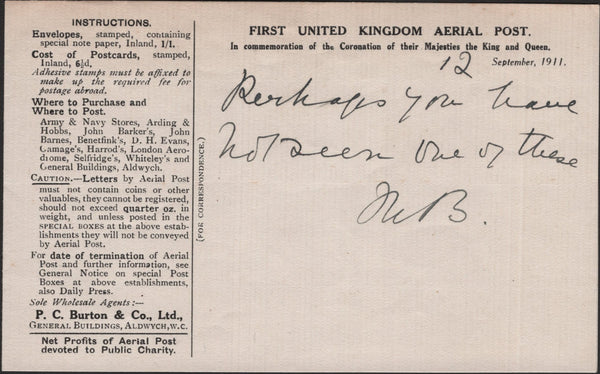 140743 1911 FIRST U.K. AERIAL POST, LONDON EMERGENCY ENVELOPE IN BROWN USED TO CLAPHAM RISE.