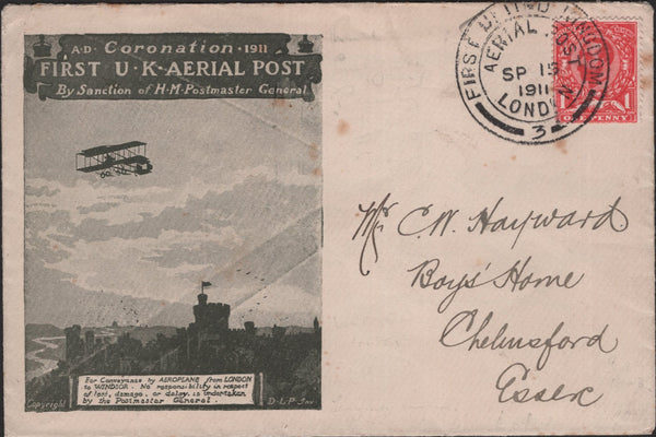 140744 1911 FIRST U.K. AERIAL POST LONDON EMERGENCY ENVELOPE IN OLIVE-GREEN USED TO CHELMSFORD.