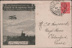 140744 1911 FIRST U.K. AERIAL POST LONDON EMERGENCY ENVELOPE IN OLIVE-GREEN USED TO CHELMSFORD.