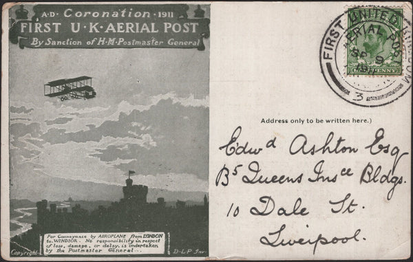 140747 1911 FIRST U.K. AERIAL POST, LONDON POSTCARD IN OLIVE GREEN TO LIVERPOOL WITH 'THE FINANCIAL OUTLOOK' ADVERT.