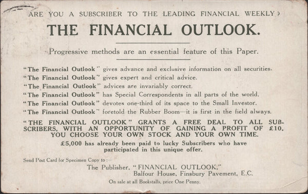 140747 1911 FIRST U.K. AERIAL POST, LONDON POSTCARD IN OLIVE GREEN TO LIVERPOOL WITH 'THE FINANCIAL OUTLOOK' ADVERT.