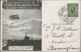 140748 1911 FIRST U.K. AERIAL POST, LONDON POSTCARD IN OLIVE GREEN TO BIRMINGHAM WITH 'THE FINANCIAL OUTLOOK' ADVERT.
