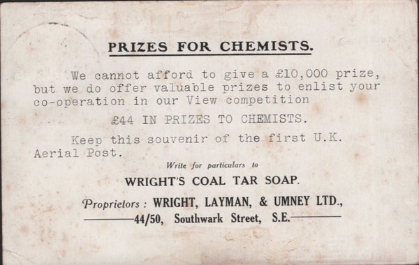 140749 1911 FIRST U.K. AERIAL LONDON POSTCARD IN BROWN WITH ' WRIGHT'S COAL TAR SOAP' ADVERT.