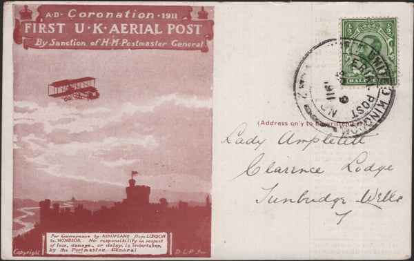 140751 1911 FIRST U.K. AERIAL POST, LONDON POSTCARD IN BROWN WITH 'D.H. EVANS & CO.' HAND STAMP ON REVERSE.