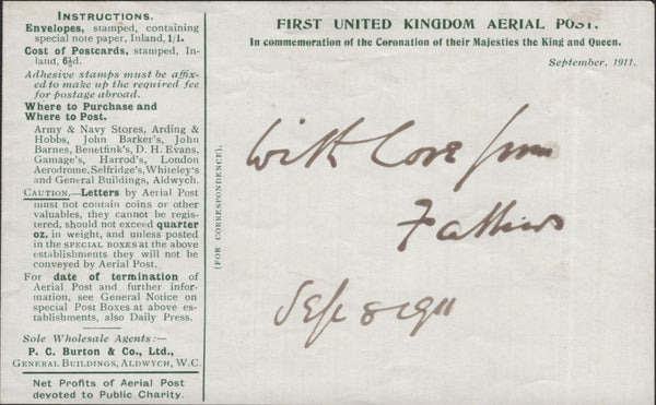 140752 1911 FIRST U.K. AERIAL POST LONDON ENVELOPE IN BRIGHT GREEN TO BOURNEMOUTH.