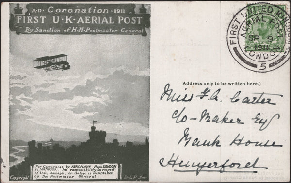 140753 1911 FIRST U.K. AERIAL POST, VERY FINE LONDON POSTCARD IN OLIVE-GREEN, POSTED 'HENDON' WITH VERY FINE STRIKE HANDSTAMP DIE 5'.