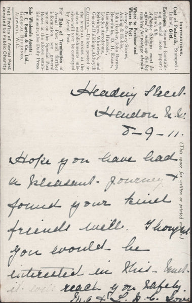 140753 1911 FIRST U.K. AERIAL POST, VERY FINE LONDON POSTCARD IN OLIVE-GREEN, POSTED 'HENDON' WITH VERY FINE STRIKE HANDSTAMP DIE 5'.
