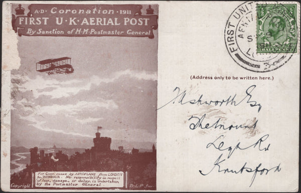 140754 1911 FIRST U.K. AERIAL POST, LONDON POSTCARD IN BROWN WITH 'SCHWEPPES' ADVERT.