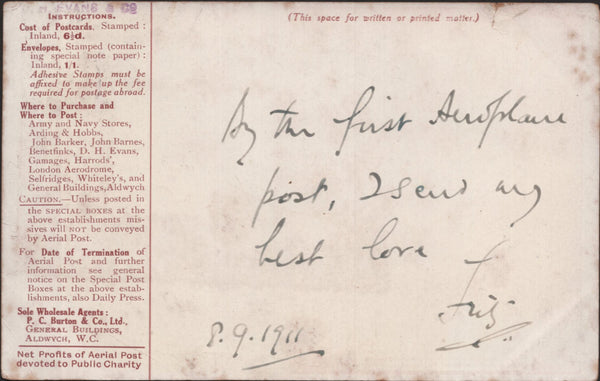 140755 1911 FIRST U.K. AERIAL POST, LONDON POSTCARD IN RED-BROWN TO CORSTON WITH 'D.H. EVANS & CO.  HANDSTAMP..