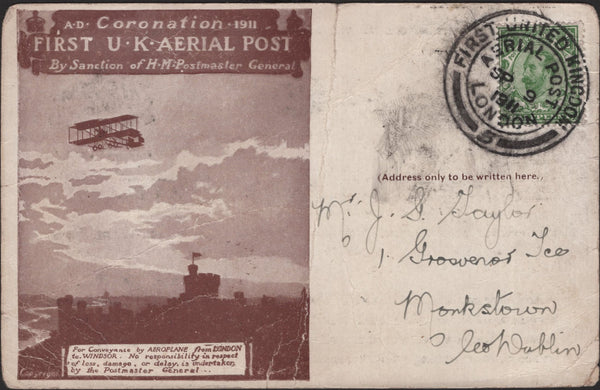 140756 1911 FIRST U.K. AERIAL POST, USED LONDON POSTCARD IN BROWN TO DUBLIN WITH 'J. & J. COLMAN, LIMITED' ADVERT.