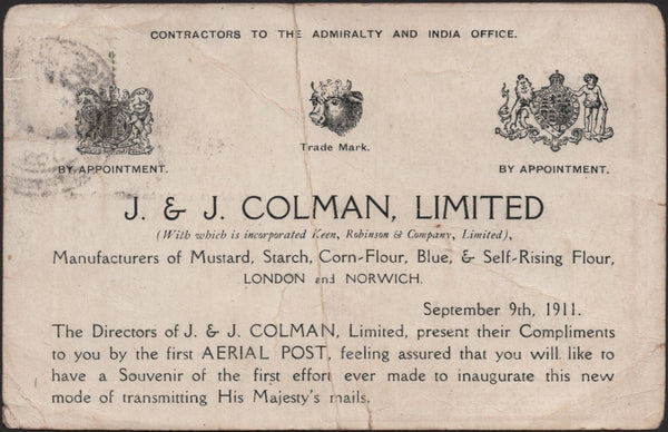140756 1911 FIRST U.K. AERIAL POST, USED LONDON POSTCARD IN BROWN TO DUBLIN WITH 'J. & J. COLMAN, LIMITED' ADVERT.