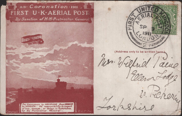 140759 1911 FIRST U.K. AERIAL POST, LONDON CARD IN RED-BROWN TO PICKERING, YORKSHIRE.