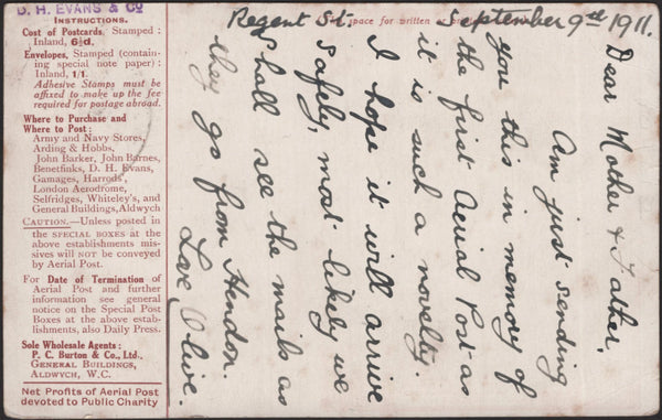 140760 1911 FIRST U.K. AERIAL POST, LONDON POSTCARD IN BROWN TO NEASDEN WITH 'D.H. EVANS & CO.' HANDSTAMP.