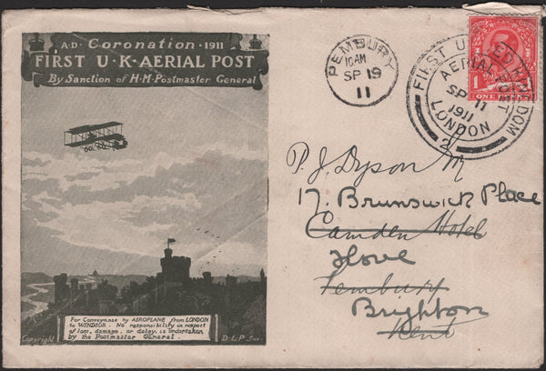 140761 1911 FIRST U.K. AERIAL POST, LONDON EMERGENCY ENVELOPE IN OLIVE-GREEN TO KENT, REDIRECTED TO BRIGHTON.