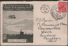 140761 1911 FIRST U.K. AERIAL POST, LONDON EMERGENCY ENVELOPE IN OLIVE-GREEN TO KENT, REDIRECTED TO BRIGHTON.