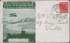 140762 1911 FIRST U.K. AERIAL POST, LONDON ENVELOPE IN BRIGHT GREEN TO WINDSOR SIGNED BY THE DESIGNER 'WARWICK LENDON'.