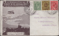 140778 1911 FIRST U.K. AERIAL POST, LONDON ENVELOPE IN PURPLE-BROWN TO VIENNA WITH KING EDWARD VII AND KGV STAMPS.