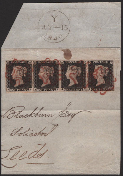 140824 1840 1D BLACK PLATE 1A (SG2) FINE/VERY FINE USED HORIZONTAL STRIP OF FOUR ON LARGE PIECE MAY 15 1840.