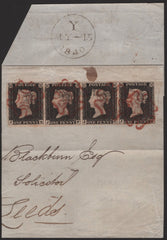 140824 1840 1D BLACK PLATE 1A (SG2) FINE/VERY FINE USED HORIZONTAL STRIP OF FOUR ON LARGE PIECE MAY 15 1840.