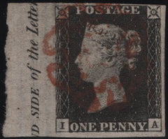 140831 1840 1D BLACK PL.4 (SG2) FINE TO VERY FINE USED LETTERED IA, FULL SHEET MARGIN WITH INSCRIPTION AT LEFT.