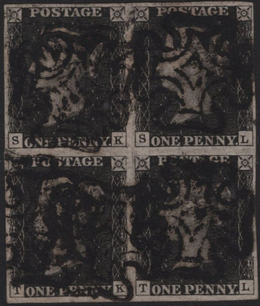 140834 1840 1D BLACK PL.5 (SG2) GOOD USED BLOCK OF 4.