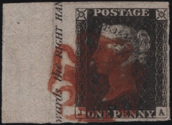 140835 1840 1D BLACK PLATE 6 (SG2)(JA) FULL SHEET MARGIN AT LEFT WITH MARGINAL INSCRIPTION.