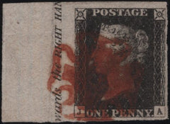 140835 1840 1D BLACK PLATE 6 (SG2)(JA) FULL SHEET MARGIN AT LEFT WITH MARGINAL INSCRIPTION.