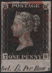 140836 1840 1D BLACK PLATE 6 (SG2) LETTERED TB WITH MARGINAL INSCRIPTION, FINE USED.