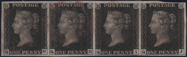 140838 1840 1D BLACK PLATE 7 (SG2) GOOD USED HORIZONTAL STRIP OF FOUR, GOOD TO FINE USED.