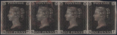 140838 1840 1D BLACK PLATE 7 (SG2) GOOD USED HORIZONTAL STRIP OF FOUR, GOOD TO FINE USED.