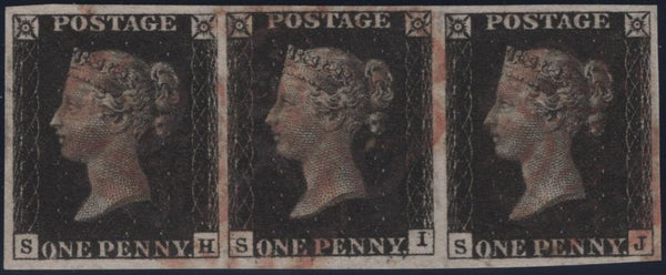 140841 1840 1D BLACK PL.10 (SG2) VERY FINE USED STRIP OF THREE WITH 'SI RE-ENTRY' (SPEC AS66b).