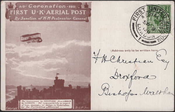 140842 1911 FIRST U.K. AERIAL POST, LONDON POSTCARD IN BROWN TO BISHOPS WALTHAM, HANTS WITH 'SCHWEPPES' ADVERT.