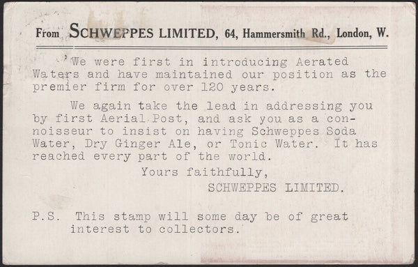 140842 1911 FIRST U.K. AERIAL POST, LONDON POSTCARD IN BROWN TO BISHOPS WALTHAM, HANTS WITH 'SCHWEPPES' ADVERT.