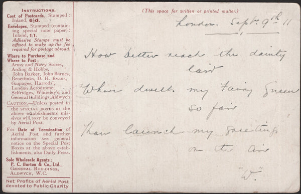 140843 1911 FIRST U.K. AERIAL POST LONDON POSTCARD IN BROWN TO CHELMSFORD WITH POEM ON REVERSE.