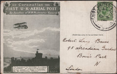 140844 1911 FIRST U.K. AERIAL POST LONDON POSTCARD IN OLIVE-GREEN TO LONDON.