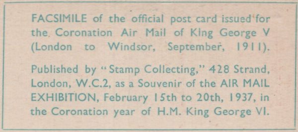 140845 1937 FACSIMILE 1911 FIRST U.K. AERIAL POST LONDON POSTCARD IN BLUE TO LONDON.