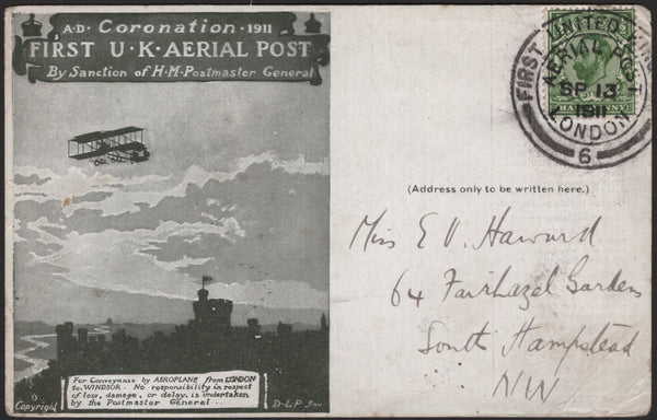 140847 1911 FIRST U.K. AERIAL POST LONDON POSTCARD IN OLIVE-GREEN WITH THE VERY SCARCE DIE 6 CANCELLATION.