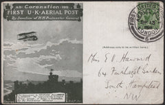 140847 1911 FIRST U.K. AERIAL POST LONDON POSTCARD IN OLIVE-GREEN WITH THE VERY SCARCE DIE 6 CANCELLATION.