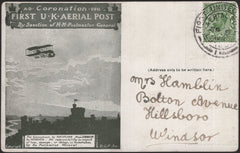 140848 1911 FIRST U.K. AERIAL POST LONDON POSTCARD IN OLIVE-GREEN TO WINDSOR.