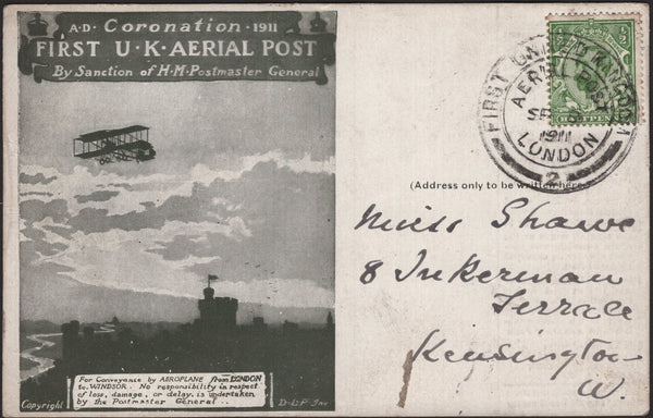 140849 1911 FIRST U.K. AERIAL POST LONDON POSTCARD IN OLIVE-GREEN TO KENSINGTON.